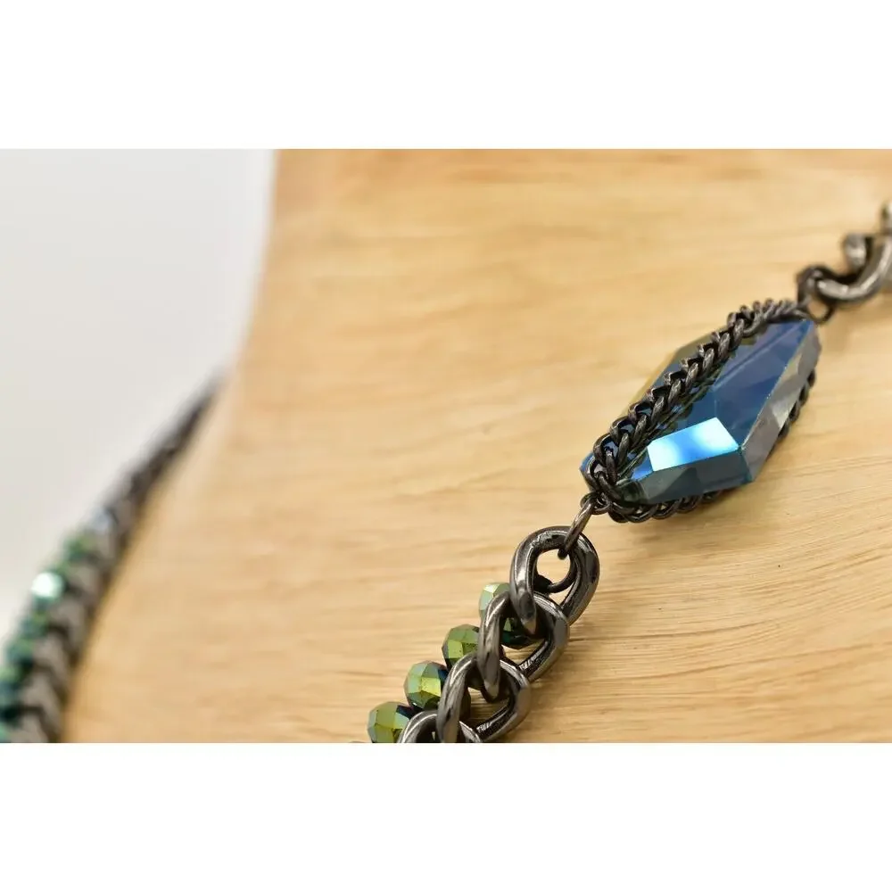 Kenneth Cole Crystal Beaded Necklace Multi-Layered Gunmetal Blue Green BinBD